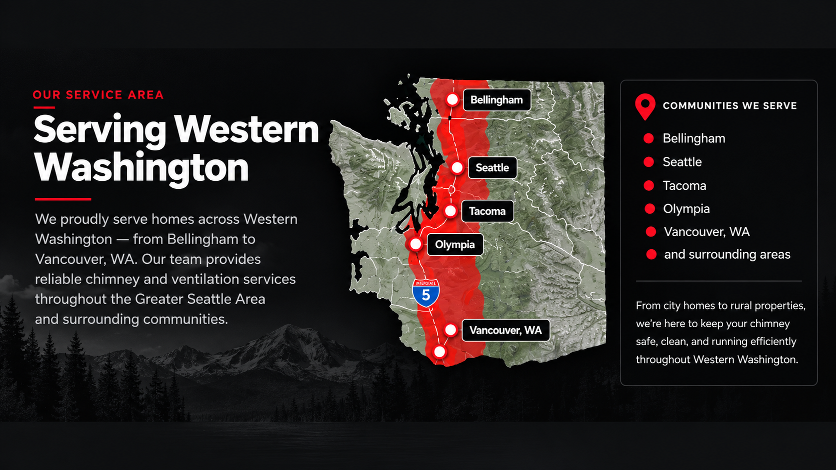 Illustrated Western Washington service area map with Bellingham Seattle Tacoma Olympia Vancouver WA